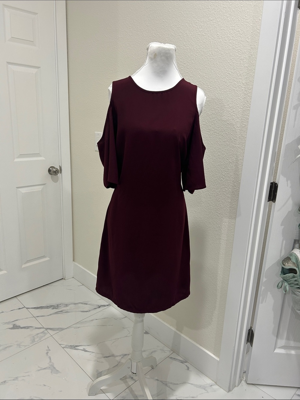 attention Cold-Shoulder Mini Dress in Deep Wine
